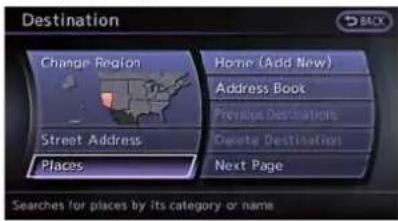 Destination Change Region Street Address Places Home (Add New) Address Book Previous Destination Delete Destination Next Page Searches for places by its category or name