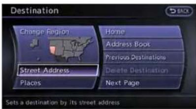 Destination Change Region Street Address Places Home Address Boot Previous Destination Delete Destination Next Page Sets a destination by its street address