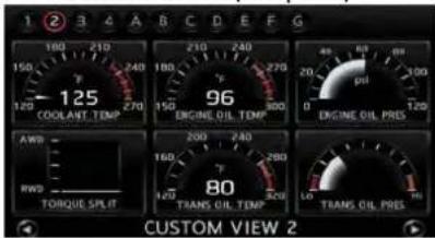 1 2 3 4 A B C D E F G 100 210 150 240 125 COOLANT. TEMP 270 96 ENGINE OIL. TEMP 300 150 270 20 PSI 300 0 ENGINE OIL PRES 120 AWD 200 PAG 280 RWD TORQUE SPLIT 160 290 125 TRANS OIL. TEMP 320 160 TRANS OIL PRES 20 CUSTOM VIEW 2