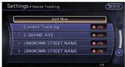 Settings→Stored Tracking Add New • Current Tracking 1 • S GRAND AVE 2 • UNKNOWN STREET NAME 3 • UNKNOWN STREET NAME ON ON ON ON