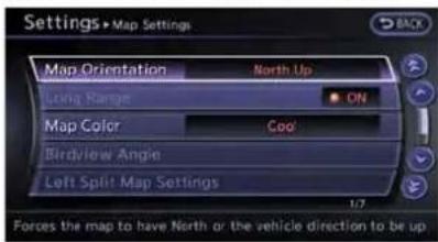 Settings Map Orientation North Up Long Range ON Map Color Cod BirdView Angle Left Split Map Settings 1/7 Forces the map to have North or the vehicle direction to be up