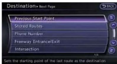 Destination▶ Next Page Previous Start Point Stored Routes Phone Number Freeway Entrance/Exit Intersection Sets the starting point of the last route as the destination