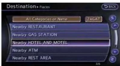 Destination→Places All Categories or Name ZAGAT Nearby RESTAURANT Nearby GAS STATION Nearby HOTEL AND MOTEL Nearby ATM Nearby REST AREA 3/6