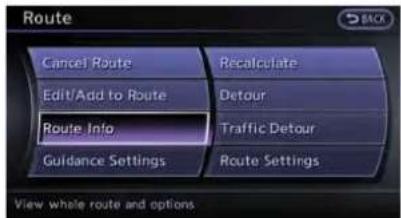 Route Cancel Route Edit/Add to Route Route Info Guidance Settings Recalculate Detour Traffic Detour Route Settings View whole route and options