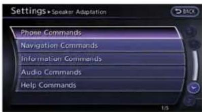 Settings > Speaker Adaptation Phone Commands Navigation Commands Information Commands Audio Commands Help Commands