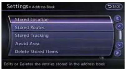 Settings Address Book Stored Location Stored Routes Stored Tracking Avoid Area Delete Stored Items 1/0 Edits or Deletes the entries stored in the address book