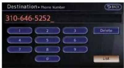 Destination+ Phone Number 310-646-5252_ 1 2 3 Delete 4 5 6 7 8 9 0 List