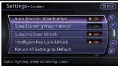 Settings Comfort Auto Intercept: Illumination ON Speed Sensing Wiper Interval ON Selective Door Unlock ON Intelligent Key Lock/Unlock ON Return All Settings to Default 1/3 Cabin lighting when unlocking doors