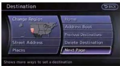 Destination Change Region Home Address Boot Previous Destinations Street Address Delete Destination Places Next Page Shows more ways to set a destination