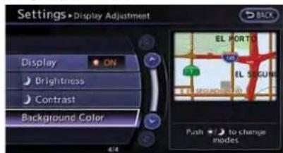 Settings Display Adjustment Display ON Brightness Contrast Background Color EL PORTO EL SUGUN Push to change modes.