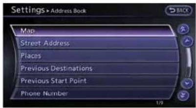 Settings > Address Book Map Street Address Places Previous Destinations Previous Start Point Phone Number