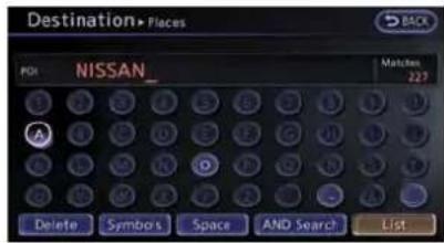 Destination>Places POST NISSAN_ Matches 227 Delete Symbols Space AND Search List