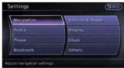 Settings Navigation Volume & Boeps Audio Display Phone Clock Bluetooth Others Adjust navigation settings