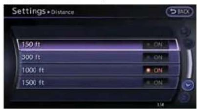 Settings→Distance 150 ft 300 ft 1000 ft 1500 ft ON ON ON ON ON BACK
