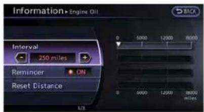 Information Engine Oil 5 BACK Interval 250 miles Reminder ON Reset Distance 1/3 0 5000 12000 8000 0 9000 12000 8000 miles
