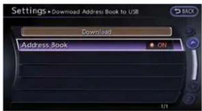 Settings • Download Address Book to USB Download Address Book • ON
