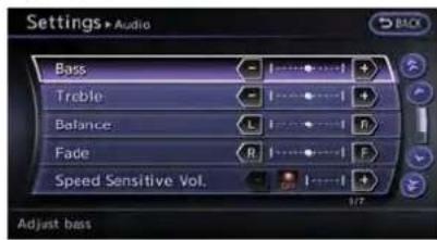 Settings Audio Bass Treble Balance Fade Speed Sensitive Vol. Adjust bass