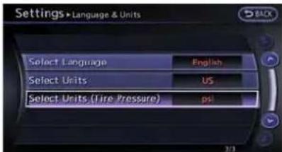 Settings > Language & Units Select Language English Select Units US Select Units (Tire Pressure) psi