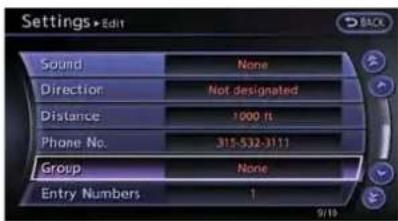 Settings→Edit Sound None Direction Not designated Distance 1000 ft Phone No. 315-532-3111 Group None Entry Numbers 1 9/16