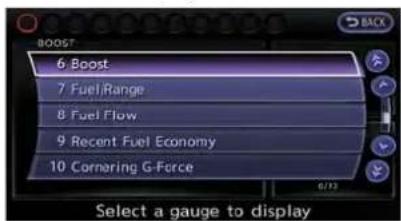 6 Boost 7 FuelRange 8 Fuel Flow 9 Recent Fuel Economy 10 Cornering G-Force Select a gauge to display