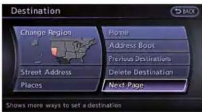 Destination Change Region Home Address Boot Previous Destination Street Address Delete Destination Places Next Page Shows more ways to set a destination