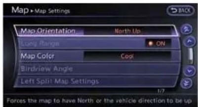 Map > Map Settings Map Orientation North Up Long Range ON Map Color Cool Birdview Angle Left Split Map Settings 1/7 Forces the map to have North or the vehicle direction to be up