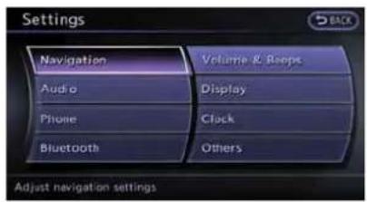Settings Navigation Audio Phone Bluetooth Volumie & Roops Display Clock Others Adjust navigation settings