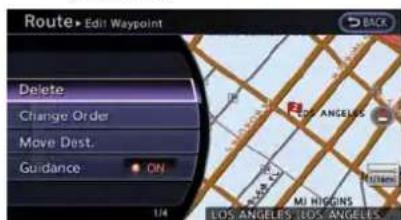 Route ▶ Edit Waypoint Delete Change Order Move Dest. Guidance ON 1/4 LA ANGELES MI HIGGINS LOS ANGELES, LOS ANGELES