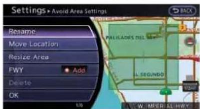 Settings • Avoid Area Settings Rename Move Location Resize Area FWY Add Delete OK 1/6 PALKADES DEL MEL L SEGUNDO W IMPERIAL HWY