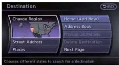 Destination Change Region Street Address Places Home (Add New) Address Boot Previous Destinations Delete Destination Next Page Choose different states to search for a destination