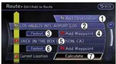 Route Edit/Add to Route Add Destination LOS ANGELES INT'L AIRPORT LOS Fasting 3 Add Waypoint 4 JACK IN THE BOX (LEMON, CA) Fasting 6 Add Waypoint Current Location Calculate 7