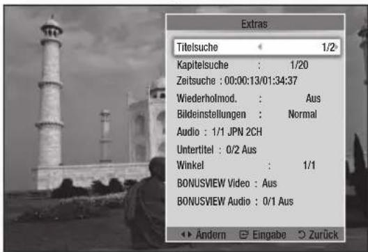 Extras Titelsuche : 1/2 Kapitelsuche : 1/20 Zeitsuche : 00:00:13/01:34:37 Wiederholmod. : Aus Bildeinstellungen : Normal Audio : 1/1 JPN 2CH Untertitel : 0/2 Aus Winkel : 1/1 BONUSVIEW Video : Aus BONUSVIEW Audio : 0/1 Aus Andern Eingabe Zurück