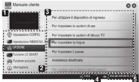 Manuale utente 1 Impostazione CONFIG. Impostazione IMMAGINE, SU OPZIONE Funzione LG SMART Funzione avanzata Informazione 2 Per utilizzare il dispositivo di ingresso Per impostare le opzioni di ora Per impostare le opzioni di blocco TV Per impostare la lingua Per impostare il paese Assistenza disatti…