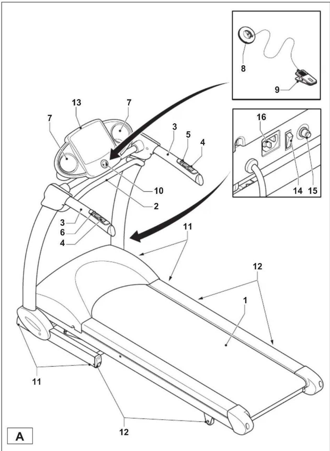 Technical diagram of a treadmill with numbered parts and exploded view of the device's internal components.