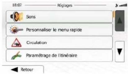18:07 Réglages Sons Personnaliser le menu rapide Circulation Paramétrage de l'itinéraire Retour