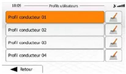 18:09 —— Profils utilisateurs —— Profil conducteur 01 Profil conducteur 02 Profil conducteur 03 Profil conducteur 04 Retour