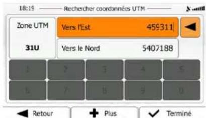 18:19 — Rechercher coordonnées UTM — Zone UTM Vers l'Est 459311 31U Vers le Nord 5407188 1 2 3 4 5 6 7 8 9 0 Retour + Plus √ Terminé