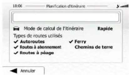 18:06 —— Planification d'itinéraire ——— N = all Mode de calcul de l'itinéraire Rapide Types de routes utilisés ✓ Autoroutes ✓ Ferry ✓ Routes à abonnement Chemins de terre ✓ Routes à péage Annuler