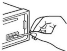 Line drawing of a hand inserting a card into a device (no text or symbols).