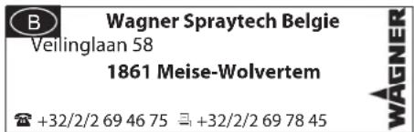B Wagner Spraytech Belgie Vellinglaan 58 1861 Meise-Wolvertem +32/2/2 69 46 75 +32/2/2 69 78 45