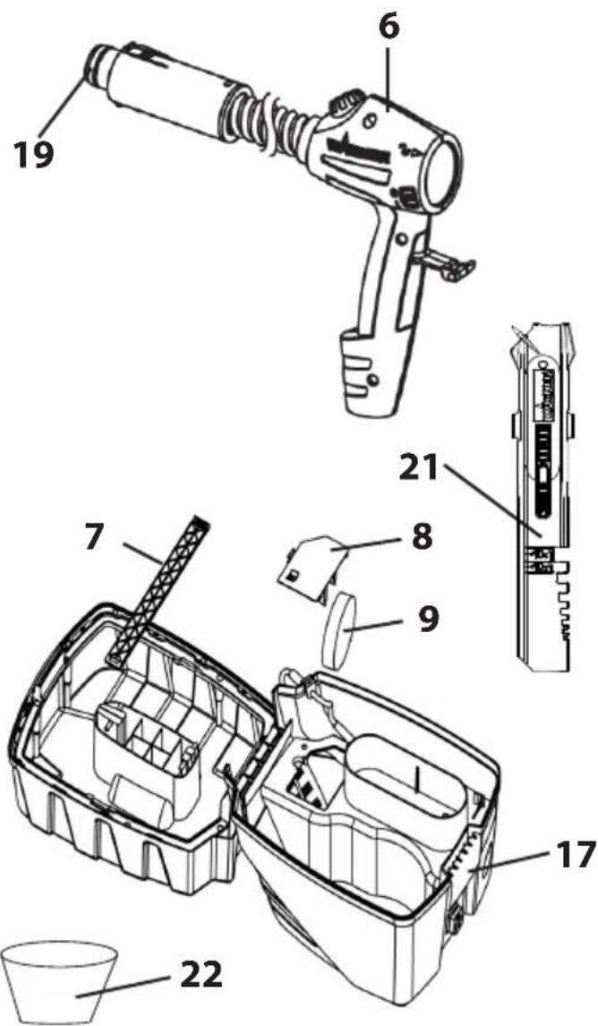 Technical diagram of a handheld device with numbered parts, including a disassembled internal components.