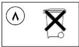Diagram showing a left-pointing arrow symbol and a crossed-out trash bin with a cross, likely indicating a directional or hazardous zone.