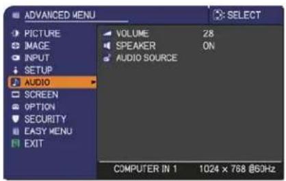 ADVANCED MENU PICTURE IMAGE INPUT SETUP AUDIO SCREEN OPTION SECURITY EASY MENU EXIT VOLUME 28 SPEAKER ON AUDIO SOURCE COMPUTER IN 1 1024 x 768 @50Hz SELECT