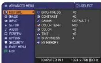 ADANCED MENU SELECT ● PICTURE ○ IMAGE ○ INPUT ○ SETUP ○ AUDIO ○ SCREEN ○ OPTION ○ SECURITY ○ EASY MENU ○ EXIT ● BRIGHTNESS +0 ○ CONTRAST +0 ✓ GAMMA DEFAULT-1 ● COLOR TEMP MID ○ COLOR +0 -- TINT +0 ○ SHARNESS 4 → MY MEMORY COMPUTER IN 1 1024 x 768 (5GHz)