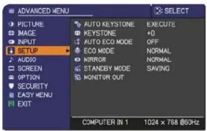 ADVANCED MENU PICTURE IMAGE INPUT SETUP AUDIO SCREEN OPTION SECURITY EASY MENU EXIT AUTO KEYSTONE KEYSTONE AUTO ECO MODE ECO MODE MIRROR STANDBY MODE MONITOR OUT EXECUTE +0 OFF NORMAL NORMAL SAVING COMPUTER IN 1 1024 x 768 @50Hz