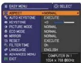 EASY MENU ASPECT AUTO KEYSTONE KEYSTONE PICTURE MODE ECO MODE MIRROR RESET FILTER TIME LANGUAGE ADVANCED MENU EXIT NORMAL EXECUTE +0 NORMAL NORMAL NORMAL EXECUTE Oh ENGLISH COMPUTER IN 1 1024 x 768 86GHz