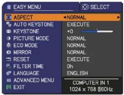 EASY MENU ASPECT AUTO KEYSTONE KEYSTONE PICTURE MODE ECO MODE MIRROR RESET FILTER TIME LANGUAGE ADVANCED MENU EXIT NORMAL EXECUTE +0 NORMAL NORMAL NORMAL EXECUTE Oh ENGLISH COMPUTER IN 1 1024 x 768 @60Hz
