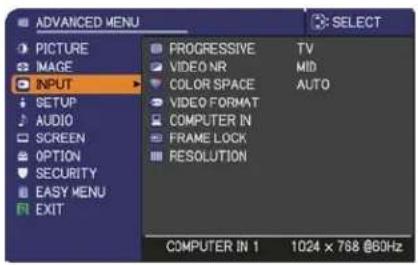 ADVANCED MENU PICTURE IMAGE INPUT SETUP AUDIO SCREEN OPTION SECURITY EASY MENU EXIT PROGRESSIVE TV VIDEO NR MID COLOR SPACE AUTO VIDEO FORMAT COMPUTER IN FRAME LOCK RESOLUTION COMPUTER IN 1 1024 x 768 @60Hz