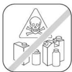 Warning symbol with skull, crossbones, and battery icons, indicating hazardous substances