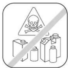 Warning symbol with skull and crossbones over battery pack, crossed by diagonal line